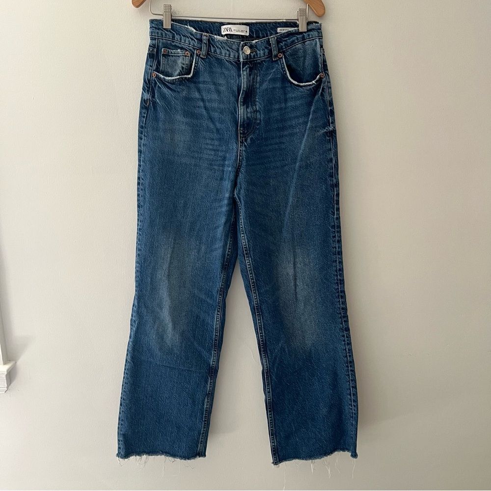 Zara Jeans 90s Full Length Blue Denim Straight Wide Leg Size 8 100% Cotton Baggy